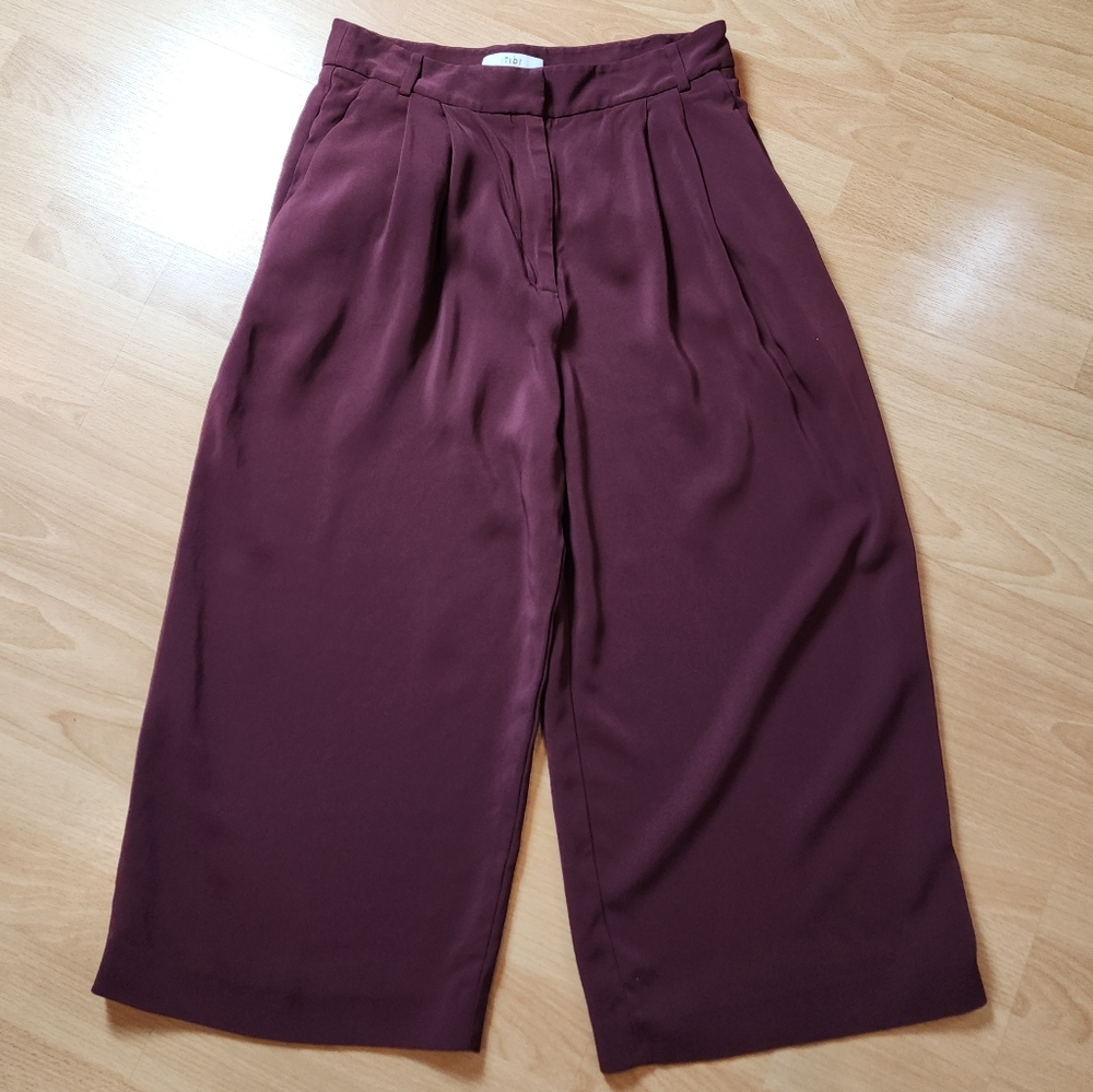 Tibi Stella Crop Maroon Red Pleated Wideleg Stretch Suiting Drapey Pants Size 8 - Picture 6 of 16